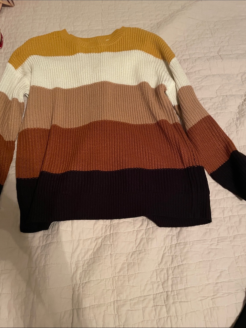 Striped Knit Crewneck Sweater in Mustard, Cream, Tan, Rust, and Blacks open back